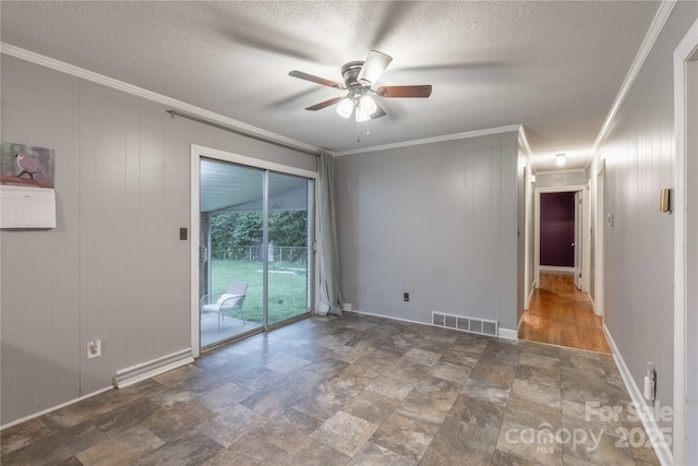 1132 Arbor Dr, Salisbury, NC 28144 - empty room with crown molding, a ceiling fan, stone finish floors, and a textured ceiling