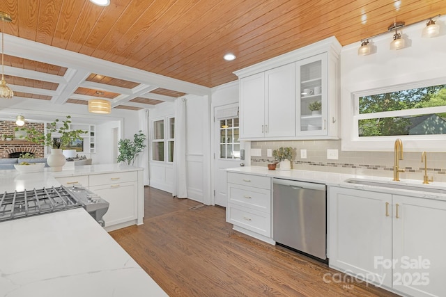 5611 Robinhood Rd, Charlotte, NC 28211 - kitchen featuring stainless steel appliances, decorative backsplash, wood finished floors, white cabinets, and coffered ceiling