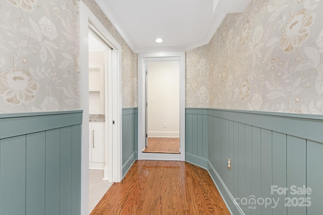 5611 Robinhood Rd, Charlotte, NC 28211 - hall featuring wainscoting, wallpapered walls, and wood finished floors