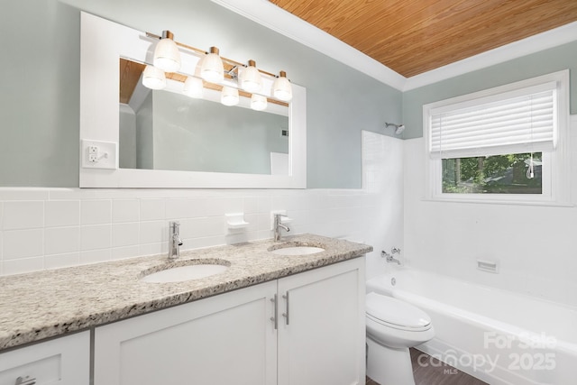 5611 Robinhood Rd, Charlotte, NC 28211 - full bath featuring double vanity, shower / bathtub combination, wooden ceiling, decorative backsplash, and tile walls