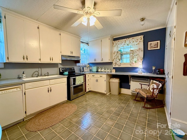 192 W Court St, Rutherfordton, NC 28139 - kitchen featuring range with two ovens, dishwasher, under cabinet range hood, a textured ceiling, and crown molding