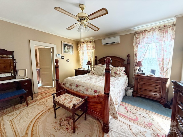 192 W Court St, Rutherfordton, NC 28139 - bedroom with a wall mounted air conditioner, ornamental molding, a ceiling fan, and light carpet