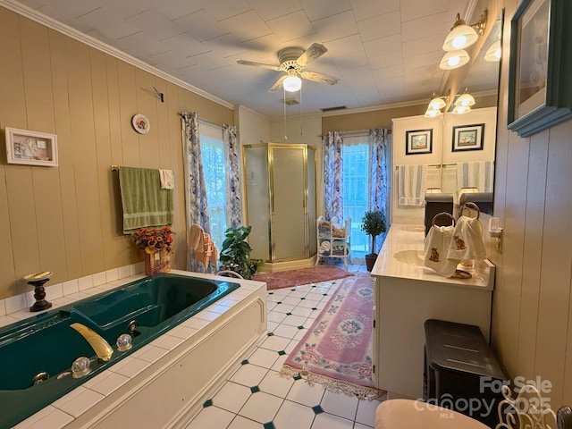 192 W Court St, Rutherfordton, NC 28139 - full bathroom featuring a stall shower, a jetted tub, tile patterned floors, ceiling fan, and vanity