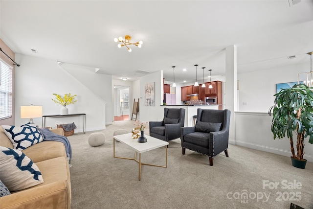 8312 Compton Acres Ln, Waxhaw, NC 28173 - living area featuring light colored carpet, a chandelier, and recessed lighting