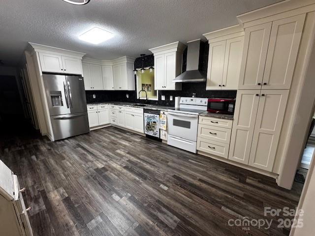 3375 Shepherd Rd, Maiden, NC 28650 - kitchen featuring stainless steel fridge, wall chimney exhaust hood, white electric stove, dishwasher, and dark countertops