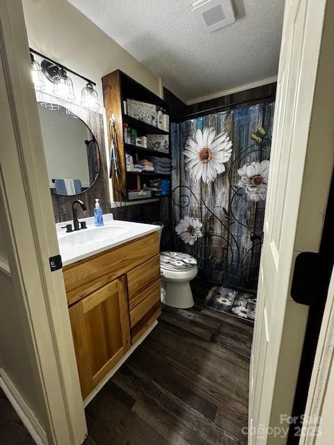 3375 Shepherd Rd, Maiden, NC 28650 - full bath featuring a textured ceiling, wood finished floors, vanity, and a shower with shower curtain