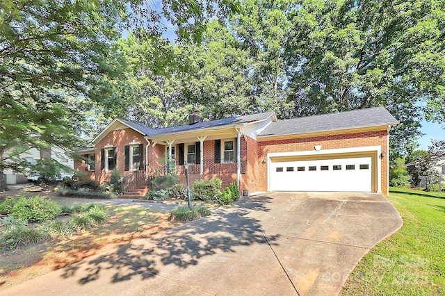 16509 Kimbolten Dr, Huntersville, NC 28078 - ranch-style home featuring brick siding, concrete driveway, a porch, a garage, and a chimney