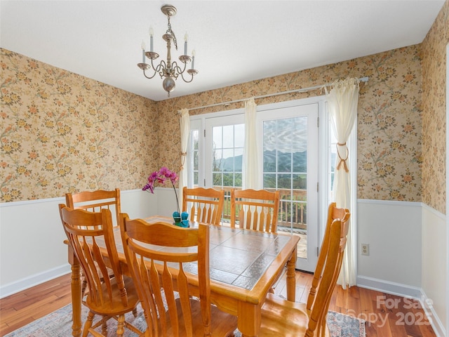80 Gobblers Knob Dr, Clyde, NC 28721 - dining area featuring a wainscoted wall, wallpapered walls, wood finished floors, and a chandelier