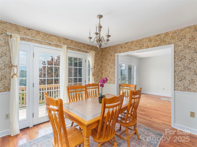 80 Gobblers Knob Dr, Clyde, NC 28721 - dining space with wallpapered walls, light wood finished floors, a chandelier, and a wainscoted wall