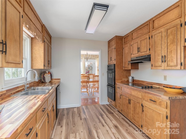 80 Gobblers Knob Dr, Clyde, NC 28721 - kitchen with black appliances, under cabinet range hood, wooden counters, and light wood-style flooring
