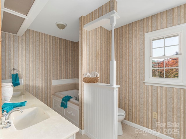 80 Gobblers Knob Dr, Clyde, NC 28721 - bathroom with wallpapered walls, a garden tub, tile patterned floors, and double vanity