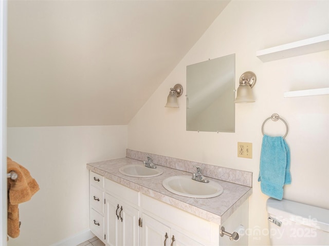 80 Gobblers Knob Dr, Clyde, NC 28721 - bathroom with lofted ceiling and double vanity