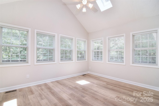 9117 Castle Garden Ln, Charlotte, NC 28215 - unfurnished sunroom featuring a skylight, wood finished floors, high vaulted ceiling, and a deck