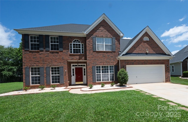 219 Harrowfield Hts, York, SC 29745 - view of front of property with brick siding, a front yard, concrete driveway, and a garage