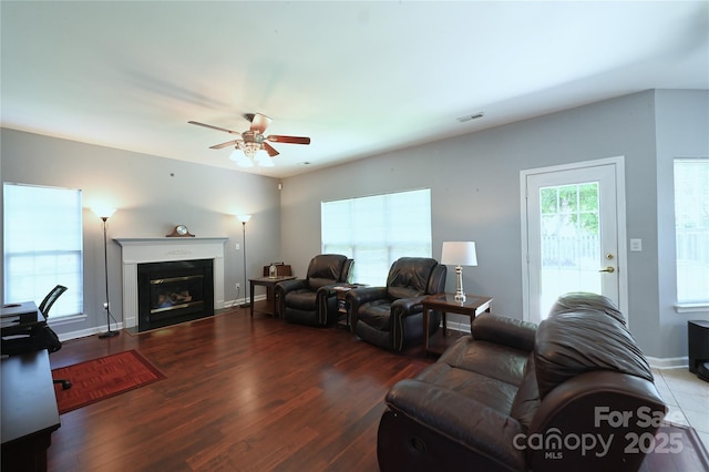 219 Harrowfield Hts, York, SC 29745 - living area with ceiling fan, a fireplace with flush hearth, and wood finished floors