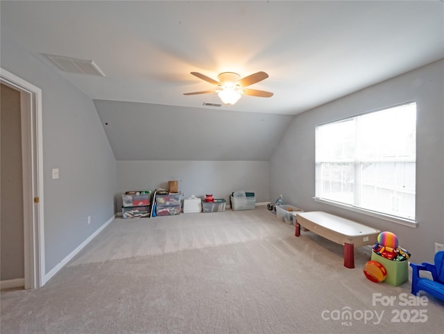 219 Harrowfield Hts, York, SC 29745 - game room featuring vaulted ceiling, carpet, and ceiling fan