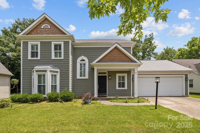 9121 Four Acre Ct, Charlotte, NC 28210 - view of front of home featuring an attached garage, driveway, a front yard, and a shingled roof