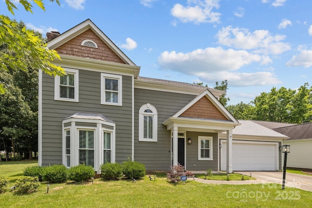 9121 Four Acre Ct, Charlotte, NC 28210 - view of front facade featuring a front lawn, driveway, a garage, and a chimney