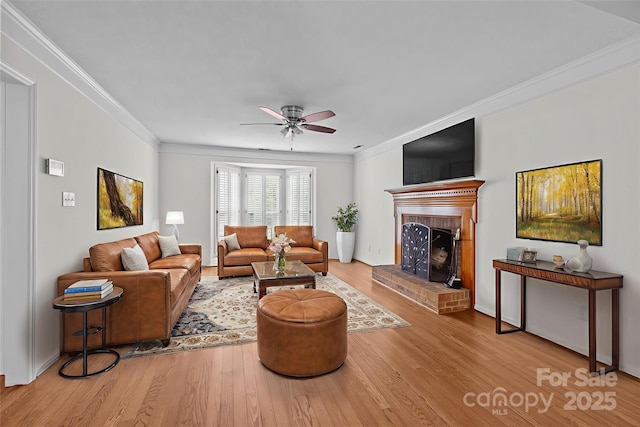 9121 Four Acre Ct, Charlotte, NC 28210 - living room with wood finished floors, ceiling fan, a fireplace, and crown molding