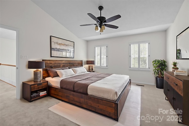 9121 Four Acre Ct, Charlotte, NC 28210 - bedroom featuring lofted ceiling, light colored carpet, and a ceiling fan
