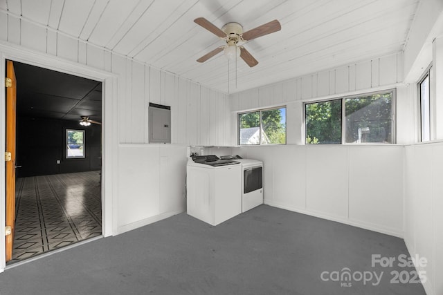 109 Short St, Waynesville, NC 28786 - laundry area featuring independent washer and dryer, electric panel, a ceiling fan, dark carpet, and wooden ceiling