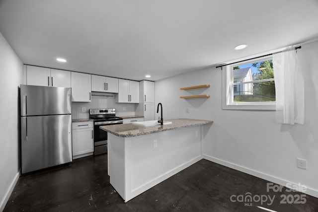 109 Short St, Waynesville, NC 28786 - kitchen featuring appliances with stainless steel finishes, a peninsula, white cabinetry, open shelves, and recessed lighting