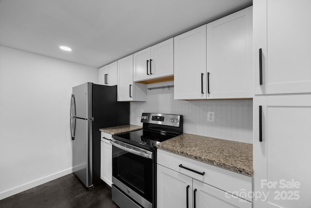 109 Short St, Waynesville, NC 28786 - kitchen featuring stainless steel appliances, white cabinets, light stone countertops, concrete flooring, and recessed lighting