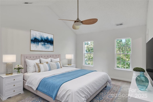 11407 Lenswood Ct, Charlotte, NC 28214 - bedroom with light colored carpet, ceiling fan, and high vaulted ceiling