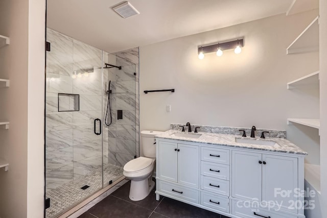 1224 E Woodlawn Rd, Charlotte, NC 28209 - bathroom with a stall shower, tile patterned flooring, and double vanity