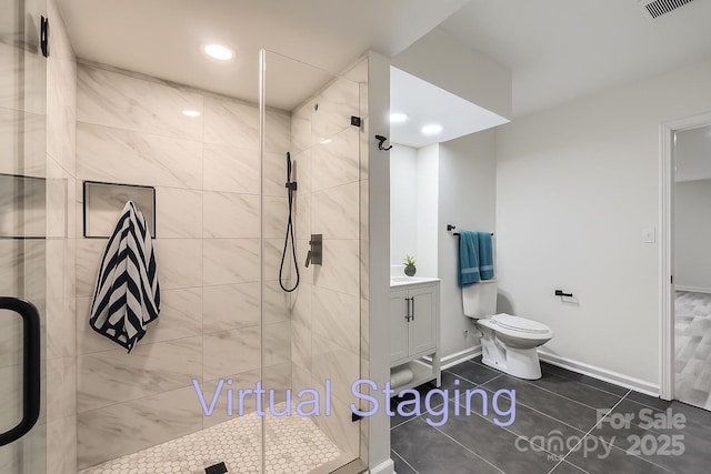1224 E Woodlawn Rd, Charlotte, NC 28209 - full bath featuring a shower stall, vanity, tile patterned flooring, and recessed lighting