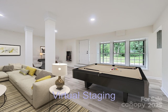 1224 E Woodlawn Rd, Charlotte, NC 28209 - recreation room with wood finished floors, billiards, ornate columns, electric panel, and recessed lighting