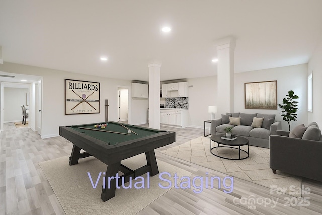 1224 E Woodlawn Rd, Charlotte, NC 28209 - rec room featuring ornate columns, billiards table, light wood-type flooring, and recessed lighting