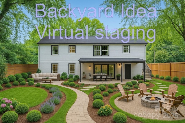 1224 E Woodlawn Rd, Charlotte, NC 28209 - back of property with a patio area, an outdoor living space with a fire pit, and stairway