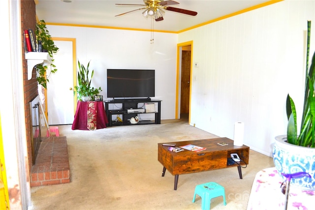 405 Wesley Heights Dr, Albemarle, NC 28001 - carpeted living area with ceiling fan and crown molding