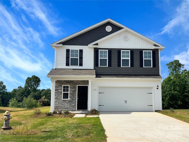 217 Lake George Dr, Shelby, NC 28152 - view of front of home with driveway, an attached garage, a front yard, and stone siding