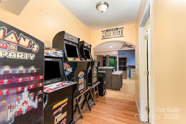 7218 Cascading Pines Dr, Fort Mill, SC 29708 - office featuring wood finished floors, arched walkways, and ceiling fan