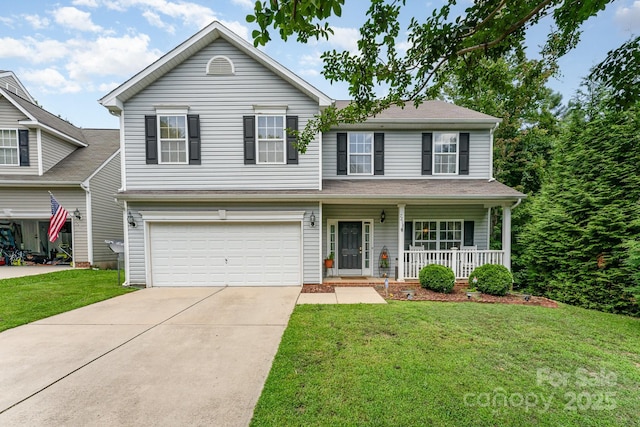 7218 Cascading Pines Dr, Fort Mill, SC 29708 - traditional home with covered porch, concrete driveway, an attached garage, and a front yard