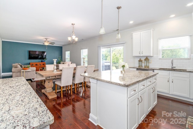 4357 Hornyak Dr, Monroe, NC 28110 - kitchen with dark wood finished floors, open floor plan, light stone countertops, decorative backsplash, and white cabinetry