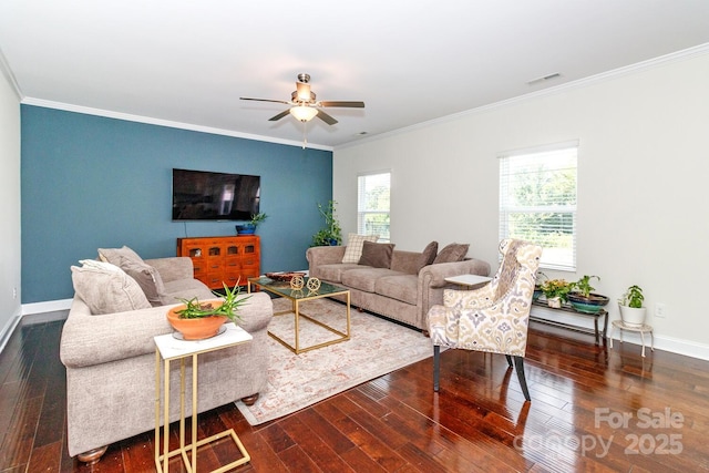 4357 Hornyak Dr, Monroe, NC 28110 - living room featuring hardwood / wood-style flooring, ornamental molding, and ceiling fan