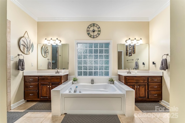 1622 Brookstone Dr, Hickory, NC 28602 - full bath featuring tile patterned floors, a garden tub, two vanities, and crown molding