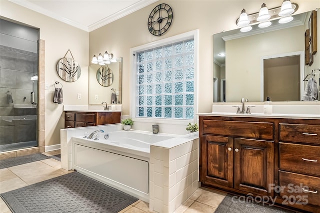 1622 Brookstone Dr, Hickory, NC 28602 - bathroom featuring a stall shower, vanity, ornamental molding, tile patterned floors, and a bath