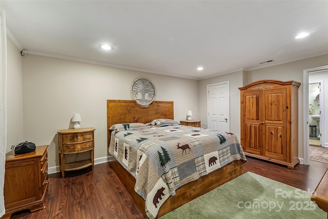 1622 Brookstone Dr, Hickory, NC 28602 - bedroom with dark wood-type flooring, ornamental molding, and recessed lighting
