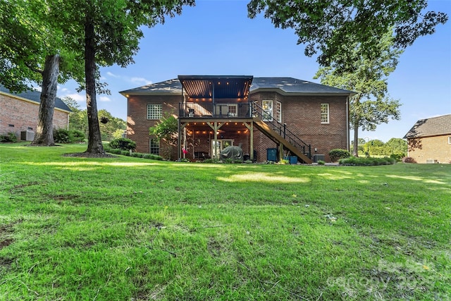 1622 Brookstone Dr, Hickory, NC 28602 - back of house featuring brick siding, stairs, a deck, and a yard