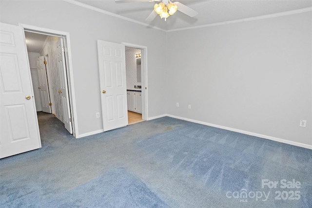 56 Founders Way, Arden, NC 28704 - unfurnished bedroom featuring crown molding, carpet flooring, ceiling fan, and connected bathroom