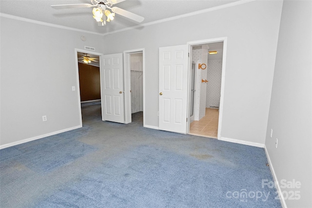 56 Founders Way, Arden, NC 28704 - unfurnished bedroom featuring carpet, ornamental molding, a spacious closet, ceiling fan, and ensuite bath