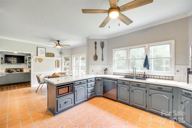 675 Ormand Rd, York, SC 29745 - kitchen featuring dishwasher, gray cabinets, built in microwave, ceiling fan, and a peninsula