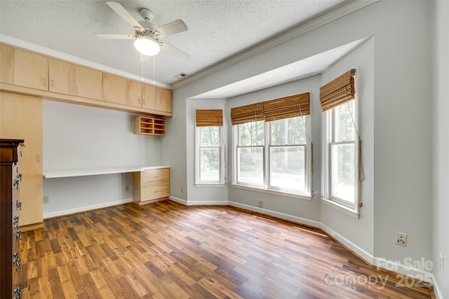 675 Ormand Rd, York, SC 29745 - unfurnished office with built in study area, ornamental molding, wood finished floors, a textured ceiling, and a ceiling fan