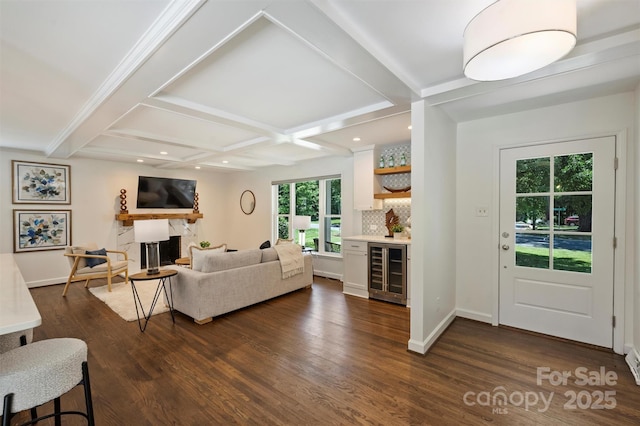 3165 Pendleton Ave, Charlotte, NC 28210 - living area with beverage cooler, dark wood-style flooring, beam ceiling, recessed lighting, and coffered ceiling