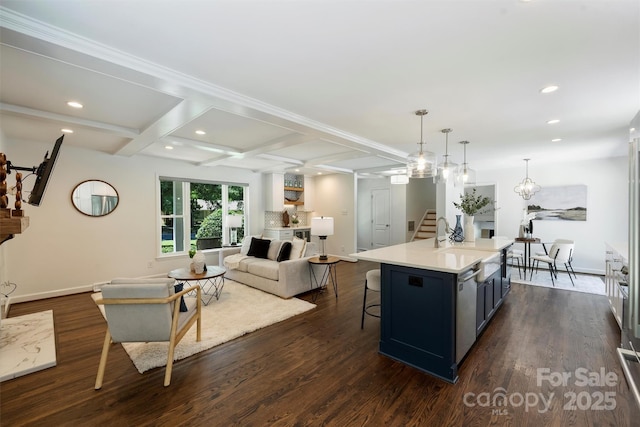 3165 Pendleton Ave, Charlotte, NC 28210 - kitchen featuring coffered ceiling, a kitchen bar, recessed lighting, light countertops, and dark wood-style floors