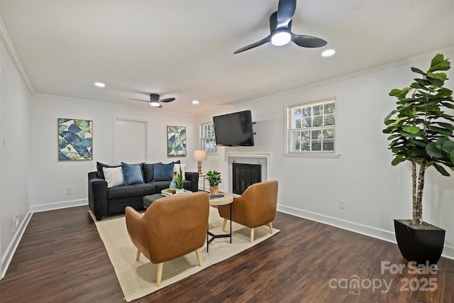3165 Pendleton Ave, Charlotte, NC 28210 - living room featuring ceiling fan, wood finished floors, a fireplace, crown molding, and recessed lighting